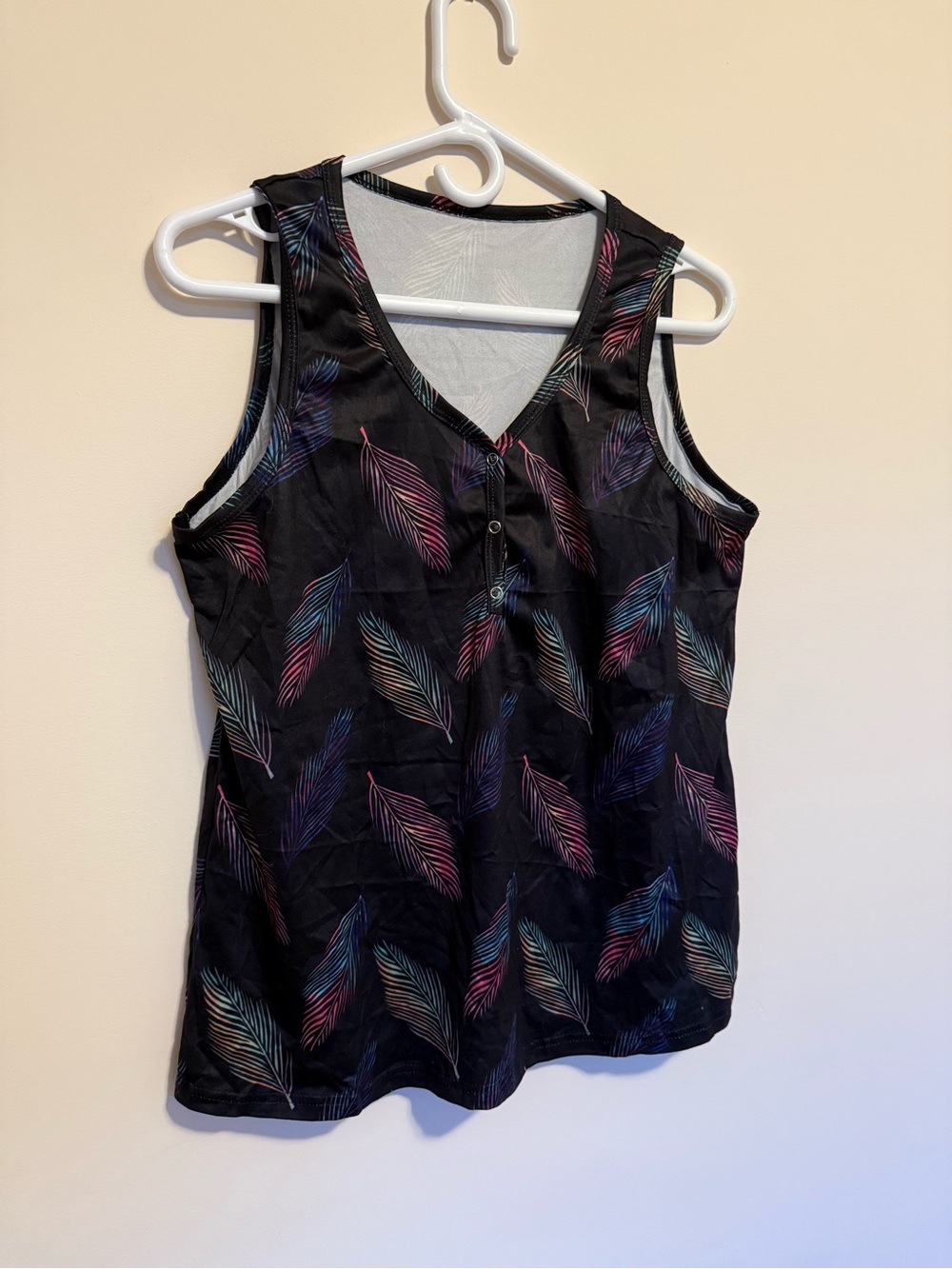 SHEIN Black V-Neck Tank with Multicolor Feather Print